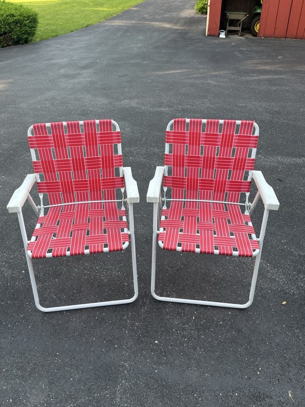 2 (1 set) Vintage Aluminum Folding Chairs Beach Lawn Webbed Multicolor  MCM
