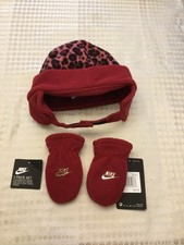 Nike Swoosh Toddler Girls Leopard Trapper Hat With Chin Strap  Mittens Set NWT