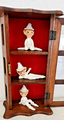 Set of 3 Lefton Pixie Elves White Iridescent Pearl Fairy Figurines 1950 s w/Case