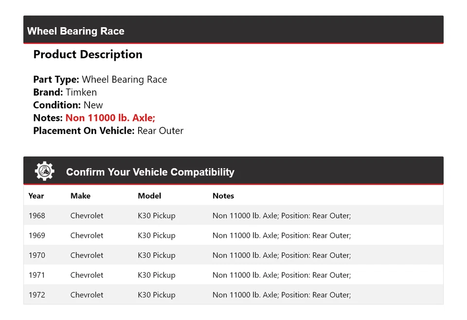 Cojinete de rueda exterior trasero de carrera para camioneta Chevrolet K30 1968-1972 Timken 1969 Foto 2 de 4