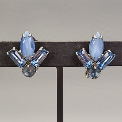 Garne Clip On Earrings Vtg Blue Satin Glass Rhinestones Pearlized Silver Tone 1''