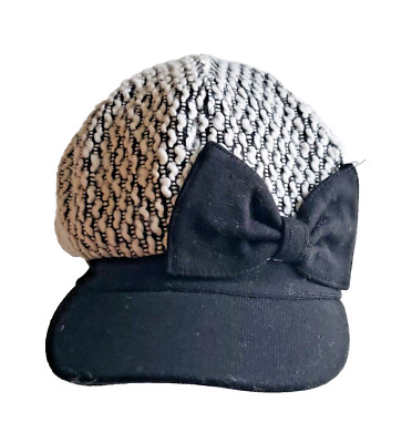 Women's Cap Hat Newsboy Black White Fedora Bow Elastic Tweed Like Madd Hatter
