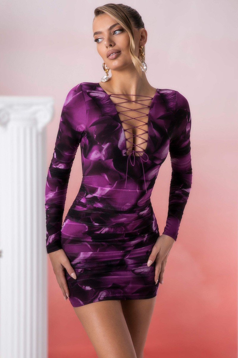 Oh Polly Dress Womens Mini Purple Print Long Sleeve Backless Lace