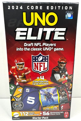 NEW 2024 Core Edition Uno Elite Draft Starter Deck w/56 NFL Player Cards +4 Foil