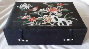 ANTIQUE FLORA FAUNA EMBROIDERED BLACK SILK JEWELLERY BOX
