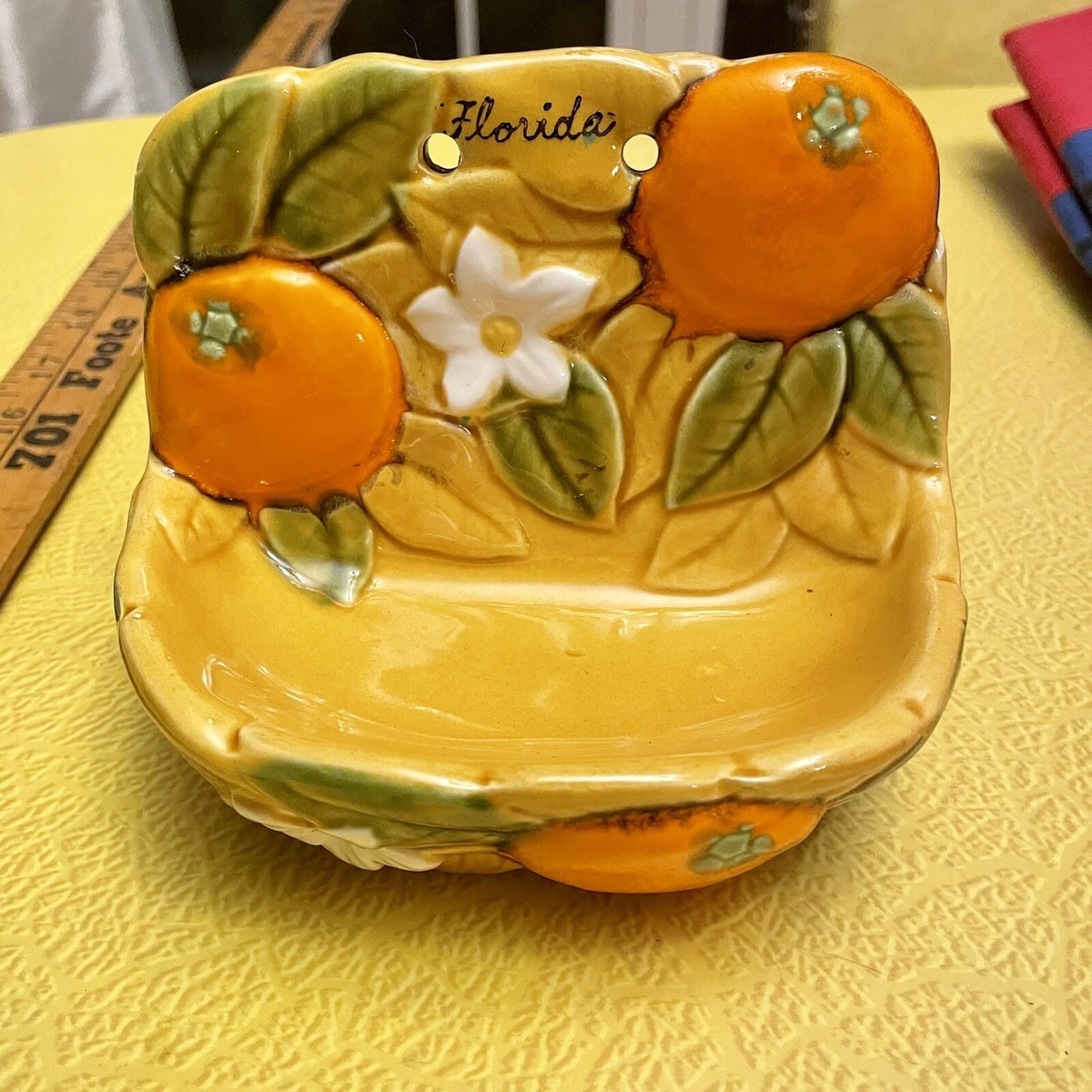 Vintage Ceramic Florida Floral Oranges Soap Sponge Holder Trinket