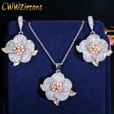 Elegant 3 Tone Rose Gold Zircon Flower Necklace Dangle Drop Earrings Jewelry Set