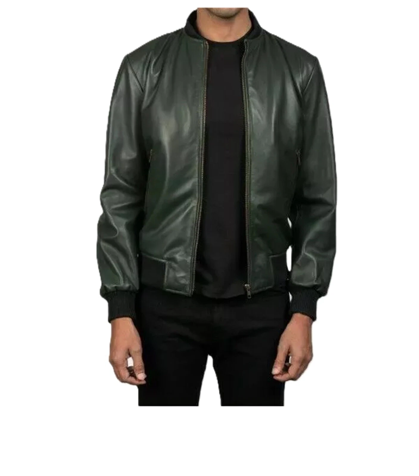 Men's Genuine Lambskin Leather Green Bomber Flight Jacket Handmade Biker Jacket