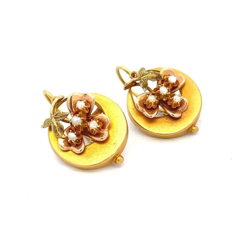 earls Dangle Antique Earrings 14k Yellow & Rose Gold Floral Style - Image 3 of 4