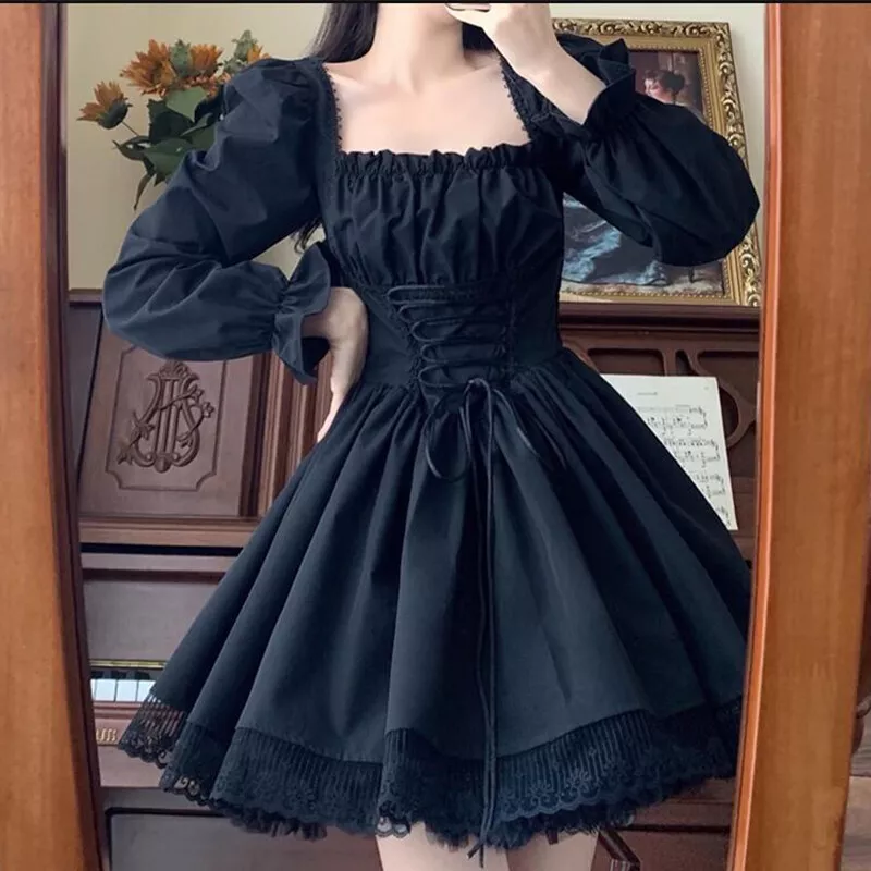 Black Dress For Teens Sexy Women Gothic Puff Sleeve Lolita