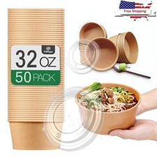 50 Pcs 32 Oz Disposable Paper Bowls W/ Lids Soup Hot Cold Food Catering New