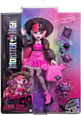 Monster High Draculaura Puppe mit Haustier Fledermaus Katze Count Fabulous & Zubehör - Neu