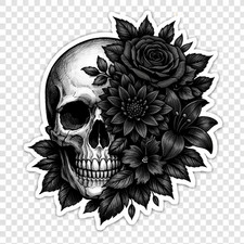 3 inch Black Skull Floral Vinyl Sticker Gothic Rose Flower Skeleton Decal