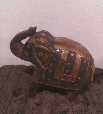 VTG 1950’s Hand Carved Wood Elephant Statue From India Brass Decorated 9 1/2" T