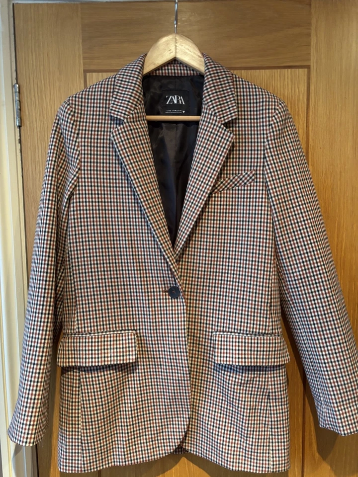 ZARA Dogtooth Check Blazer Jacket Size XS Relaxed Shape Multicolour Houndstooth - Image 2 of 4