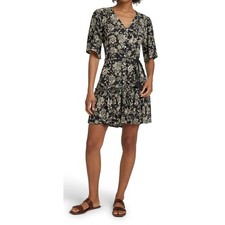 Faherty Orinda Tie Waist ButtonUp Tiered Minidress Black Floral Short Sleeve MED