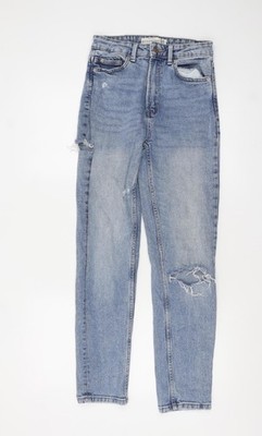 Stradivarius Damenjeans blau hoher Bund Mom Slim Fit Used-Look UK 8