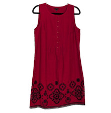 Talbots Women's 6 Red Embroidered Hem Lined Midi Dress Linen Sleeveless Summer