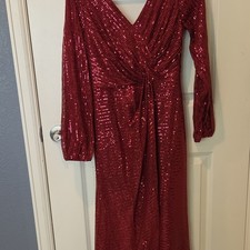 Womens S Red Sequin Long Gown V-Neck Balloon Long Sleeve Lined Back Zip B22