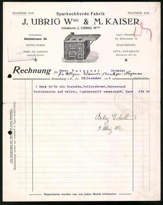 Invoice Strasbourg i. E. 1914, Savings Cooker Factory J. Ubrig WWE & M. Kaiser,  