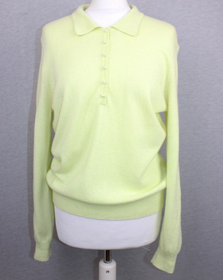 WoolOvers Merino Kaschmir Polo Pullover Damen M gelb Perlen Knopf Strick