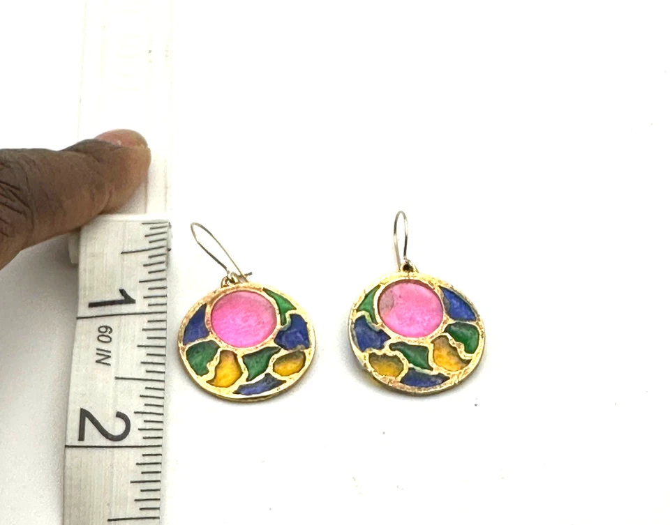 Colorful Stained Glass Circle Drop Earrings Circle Studs Whimsical - Image 3 of 4