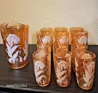 Vintage Carnival Glass Set Of 13  Jeannette  Feather Pattern Pitcher & Glasses