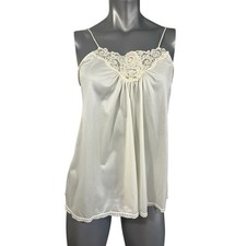 Vtg Camisole Slip Top Satin White Floral Lace Medium Cami Cottage Festival