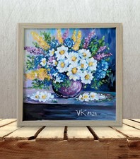 Quadro su tela acrilico 22/22 cm fiori natura morta dipinto a mano - ramato - regalo