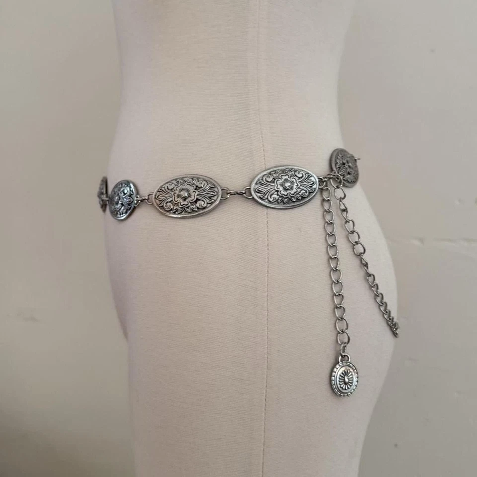 Cinturón cadena concho flor plata antigua Y2K Foto 2 de 4