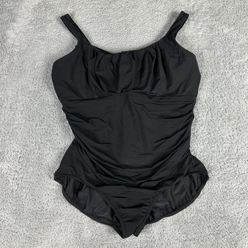 Lands End Women's Modest One Piece Swim Suit 22W Black Solid Ruching U Back - Picture 1 of 13