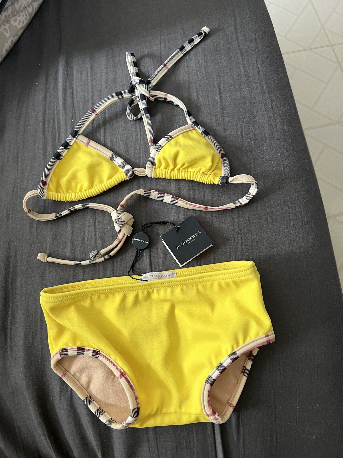 Burberry Yellow Novacheck Plaid Trim Two-Piece Bikini Swimsuit Child Size 6-12