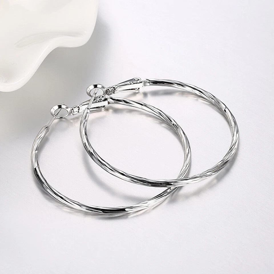 Stunning 18K White GOLD Filled 48mm Round Hoop Dangle Clip Earrings Women's Gift — 第 4/4 张图片