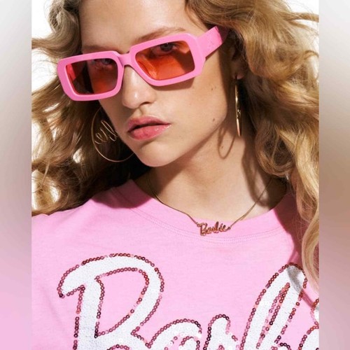  ZARA BARBIE™ THE MOVIE MATTEL CROPPED T-SHIRT Logo Tee Pink Sequins Medium - Picture 7 of 8