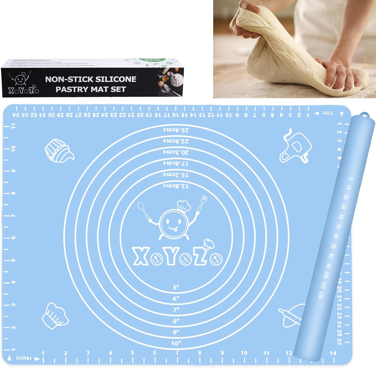 Rolling Pin Dough Roller Non Stick Silicone Baking Mat Set Rolling Pins for  Baki