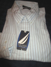 NWT 65 NAUTICA MENS BUTTON DOWN DRESS SHIRT AQUA PINSTRIPE 17.5 34/35