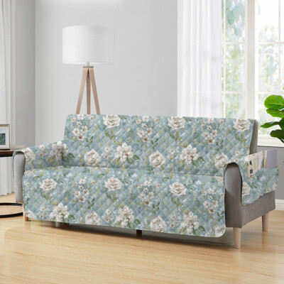White Flower Light Blue Sofa Furniture Protector Slipcover Teflon Ecolite Finish
