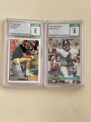 DCC: 1991 Upper Deck Brett Favre Topps Stadium 2-card Rookie RC lot CSG 8 NM-MT