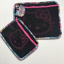 Hello Kitty Sanrio Black Pink Mesh Pencil Case Make-Up Embroidered Zipper Girls