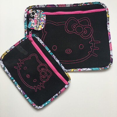Hello Kitty Sanrio Black Pink Mesh Pencil Case Make-Up Embroidered Zipper Girls