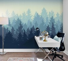 Misty Forest Wallpaper. Blue Pastel Color Tree Forest Peel and Stick Wall Mural.