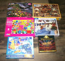 USED LOT OF 6 JIGSAW PUZZLES 2,000  1,000 PIECES TRAIN FLOWERS  STREAM WESTERN