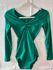 VTG SEARS CLING-ALON RUCHED V-NECK L/S GREEN LEOTARD DANCE GYMNASTICS TALL-S/M