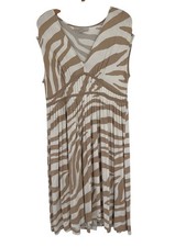 Loft Zebra Print V Neck Pleated Dress Soft Jersey knit beige striped size 14
