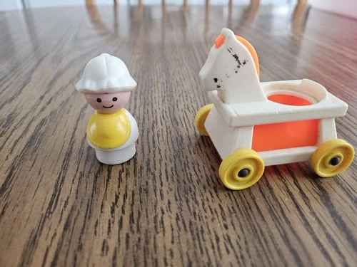 Fisher Price Vtg.Little People #761 Baby  With Bib And Hobby Horsse With Wheels.