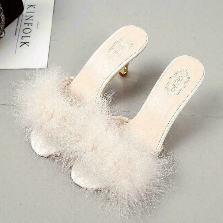 Women High Heels Slippers Fluffy Fur Peep Toe Stiletto Party Shoes Sandals Mules - Image 4 of 4