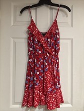 Express Red Floral Ruffle Faux Wrap Mini Sun Dress Spaghetti Straps Size Small