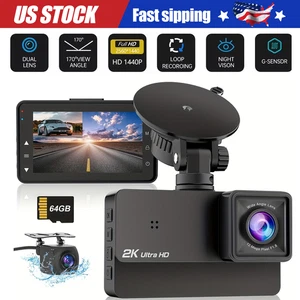HD 2K Voiture Dash Cam 3" LCD Enregistreur vidéo Front & Caméra arrière avec 64GB SD Carte
