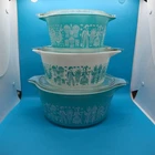 VTG Pyrex Turquoise & White Amish Butterprint mixing Bowls 6 piece set With Lids