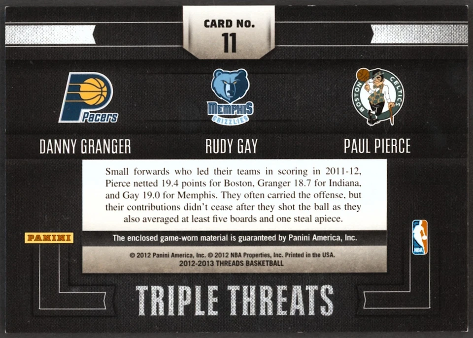 2012-13 Threads Triple Threat Paul Pierce, Rudy Gay, Granger GAME USED JERSEY - Image 2 of 2